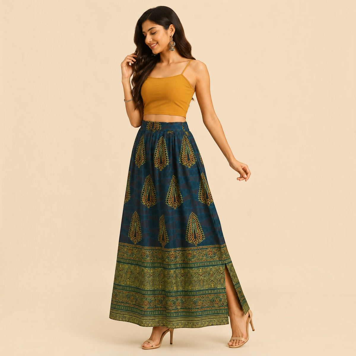 Bottle Green Mashru Silk Skirt