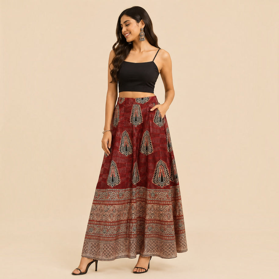 Maroon Mashru Silk Skirt