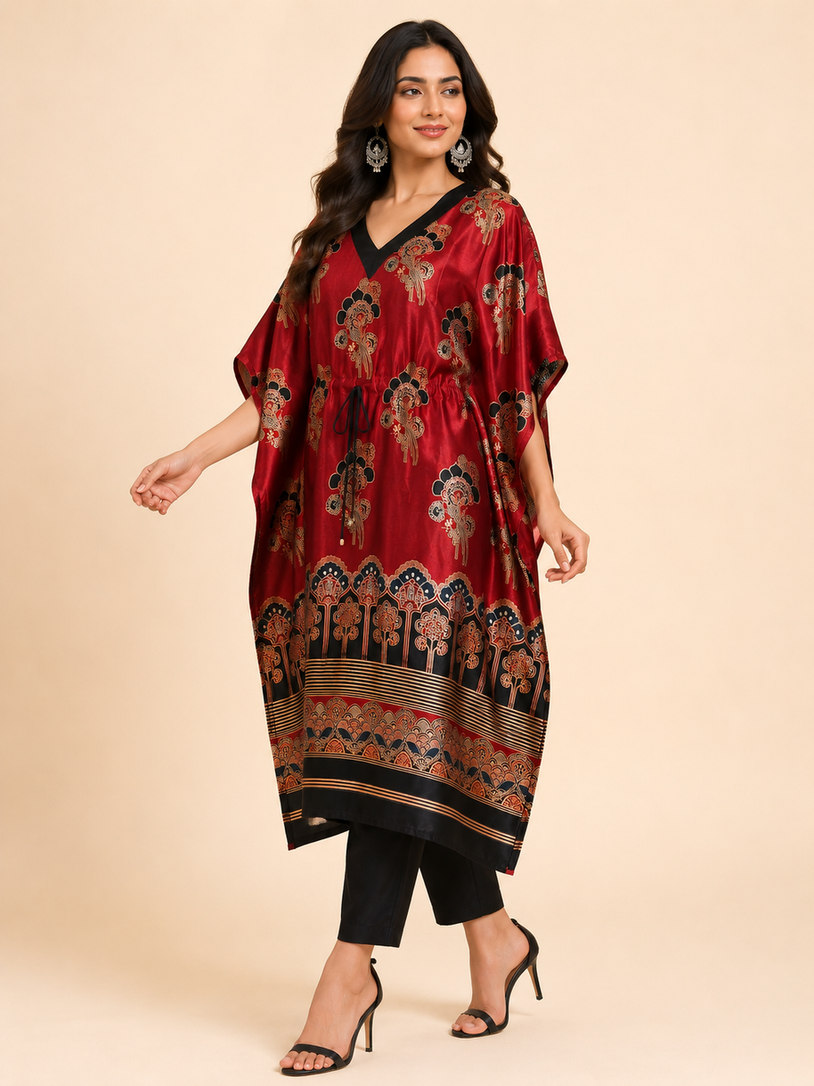 Red Mashru Silk Kaftan