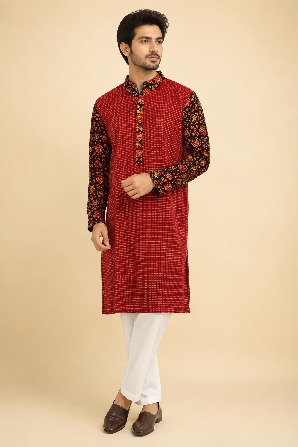 Maroon Ajrakh Handblock Cotton Kurta