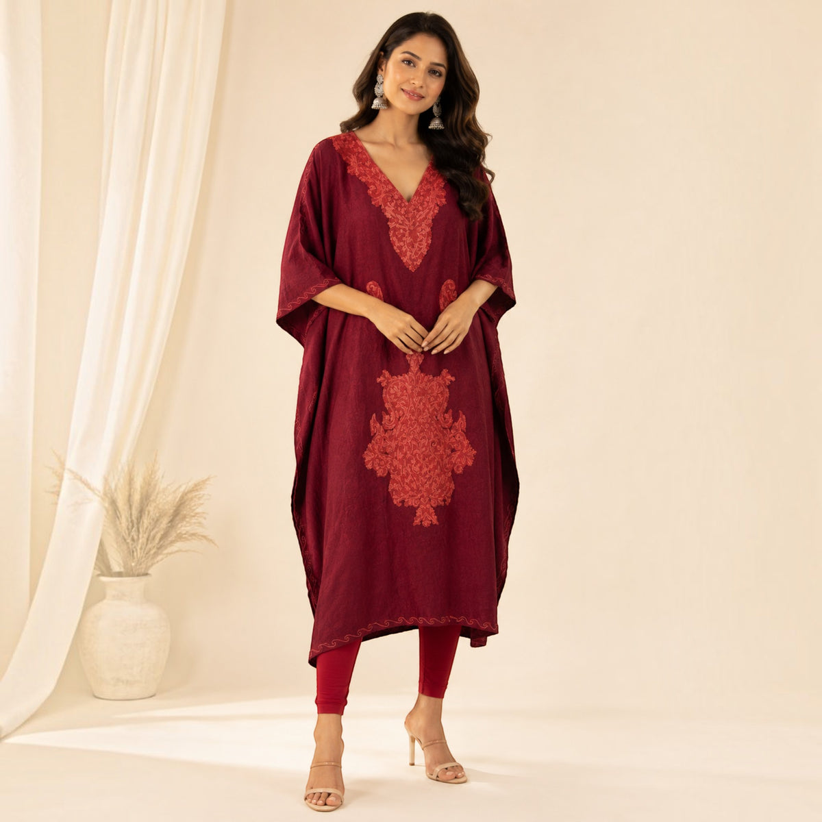 Maroon Embroidered Silk Kaftan