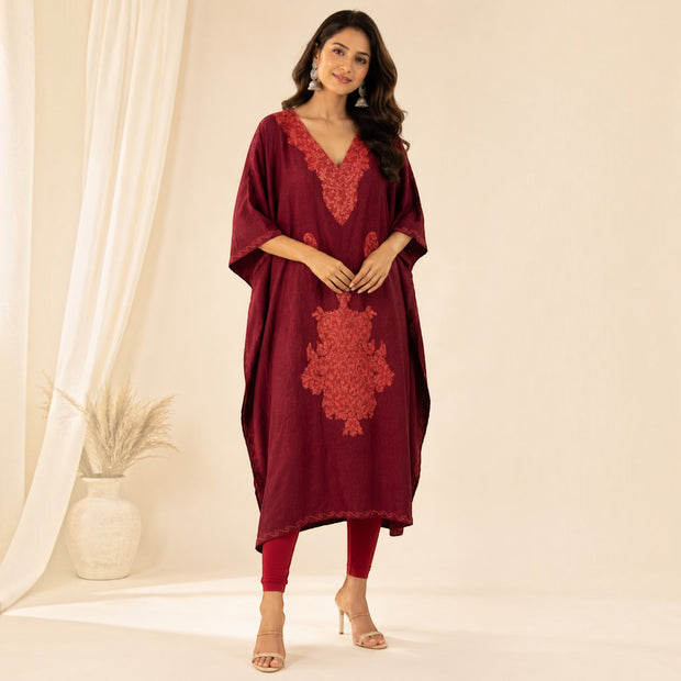 Maroon Embroidered Silk Kaftan