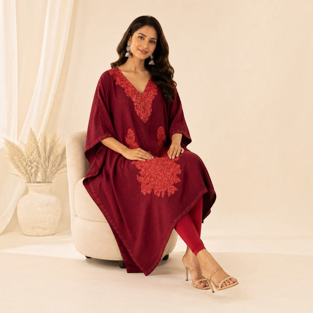 Maroon Embroidered Silk Kaftan