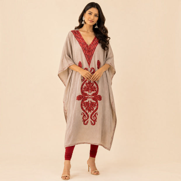 Beige Embroidered Silk Kaftan