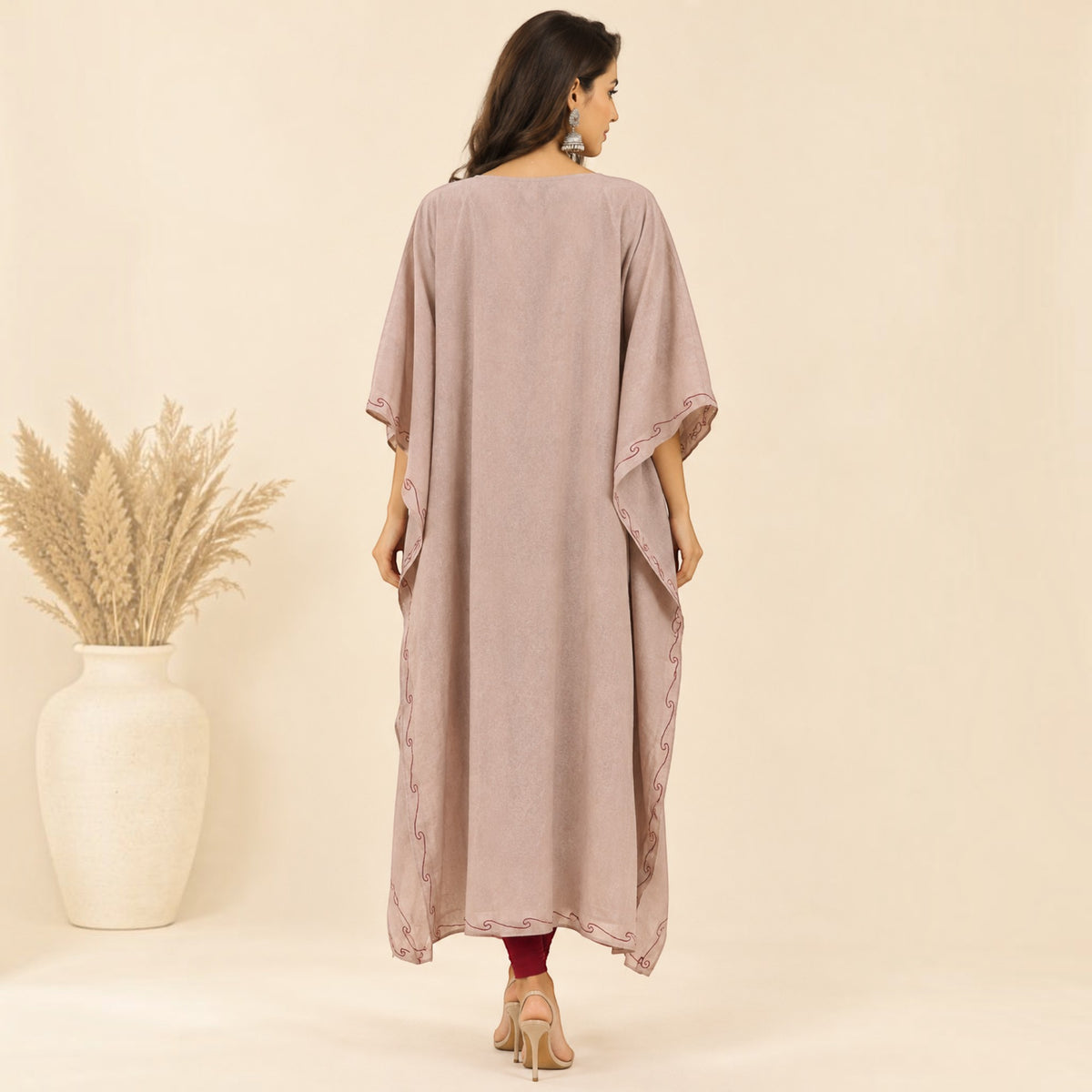 Beige Embroidered Silk Kaftan