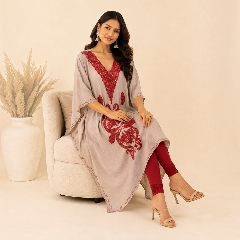 Beige Embroidered Silk Kaftan