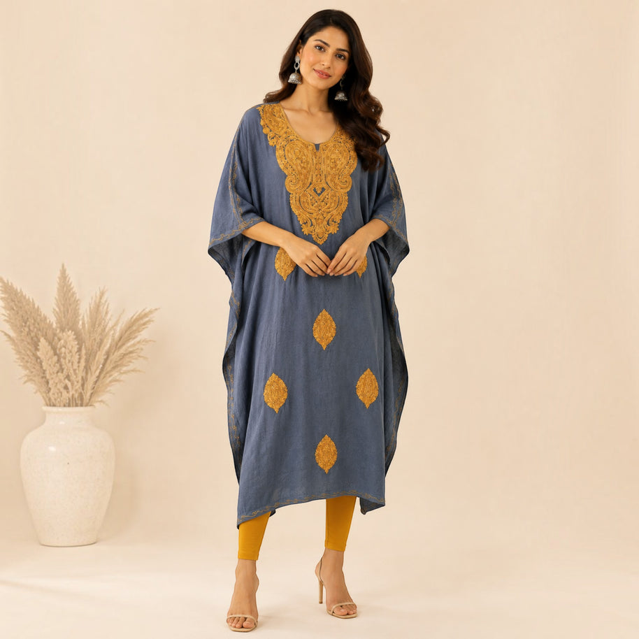 Blue Golden Embroidered Silk Kaftan