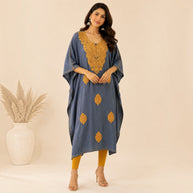 Blue Golden Embroidered Silk Kaftan