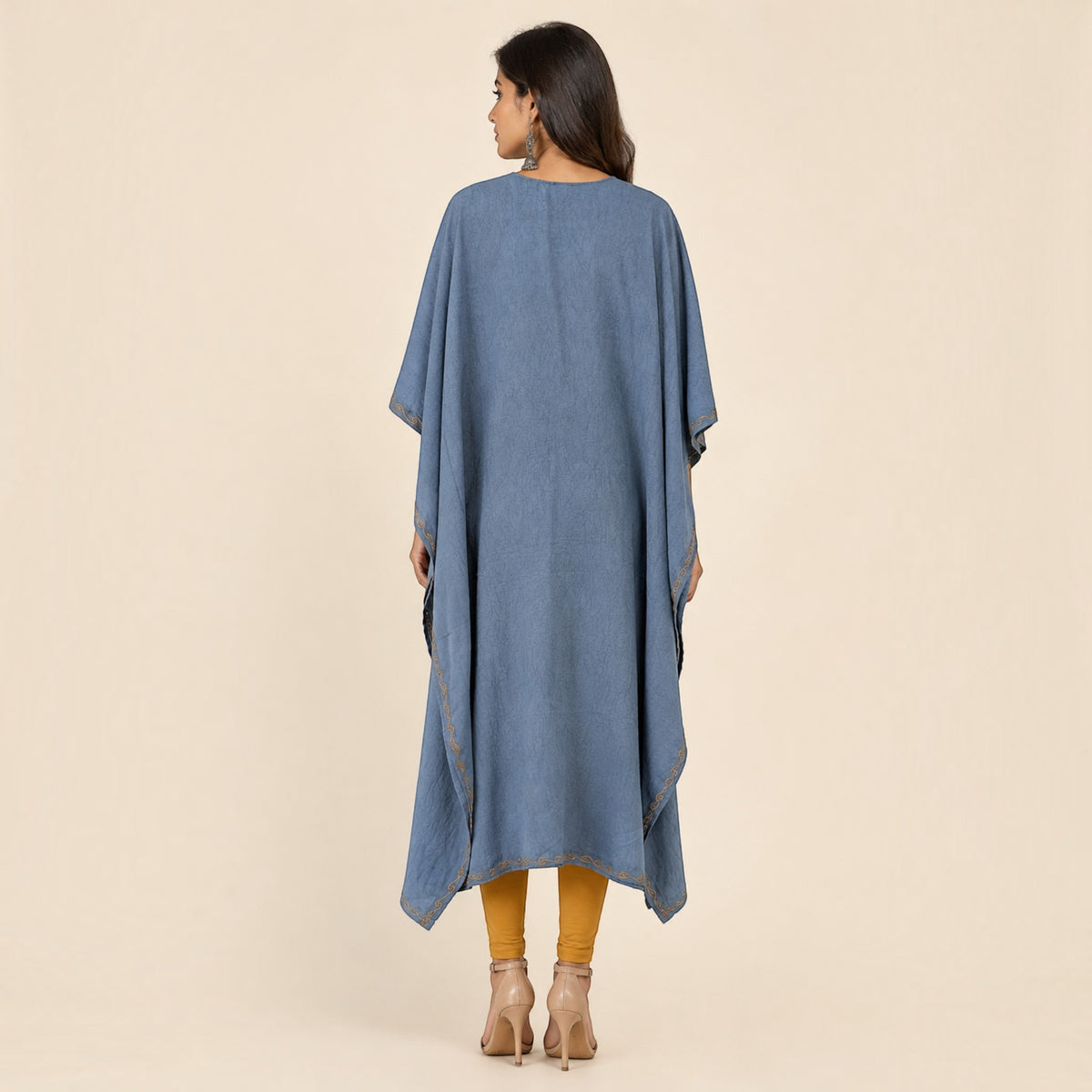 Blue Golden Embroidered Silk Kaftan