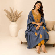 Blue Golden Embroidered Silk Kaftan