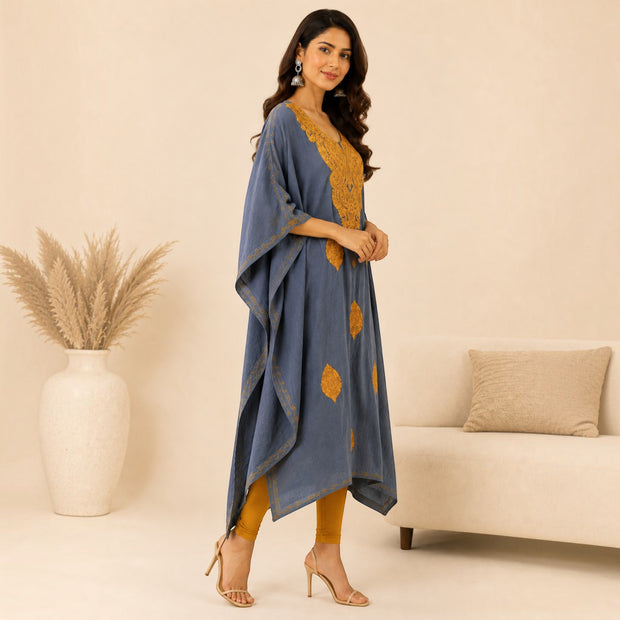 Blue Golden Embroidered Silk Kaftan