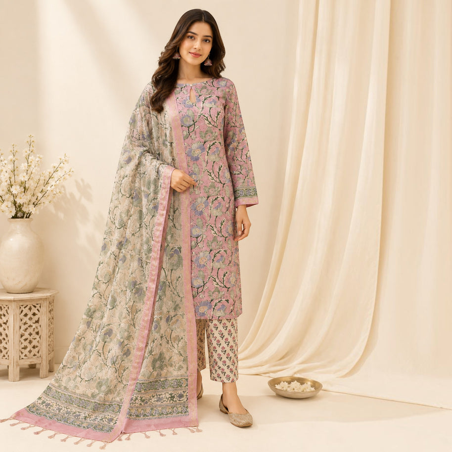 Pink Floral Maheswari Silk Salwar Suit