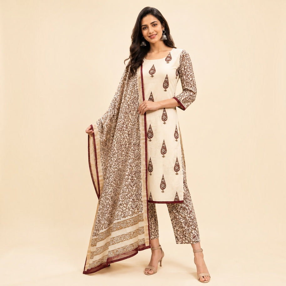 Offwhite Leaf Maheswari Silk Salwar Suit