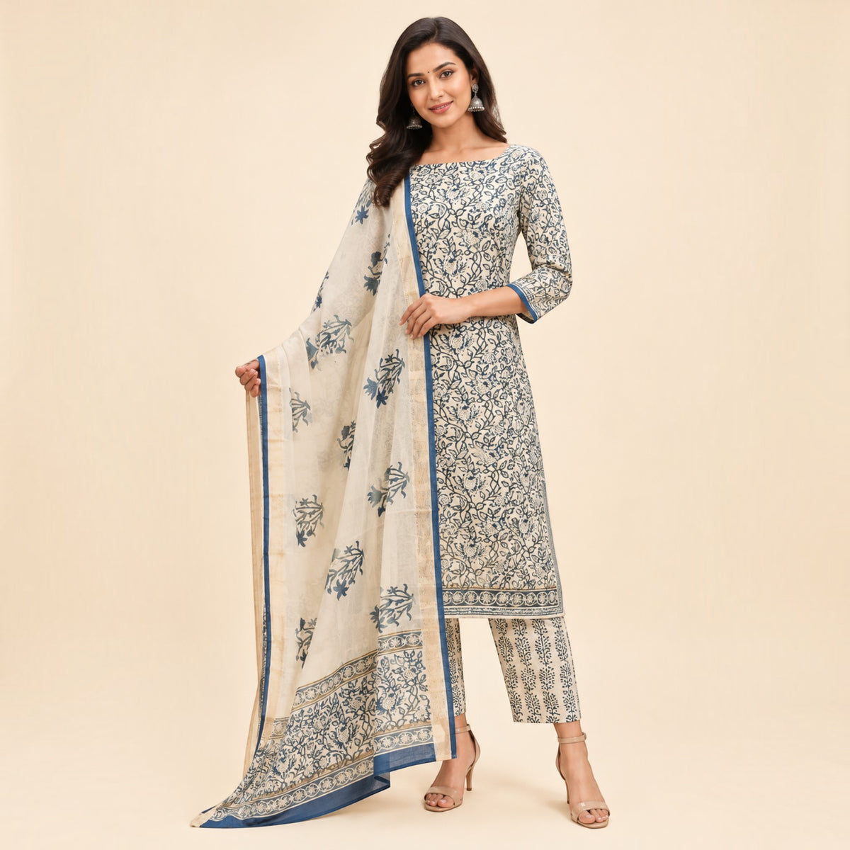 Offwhite Blue Floral Maheswari Silk Salwar Suit