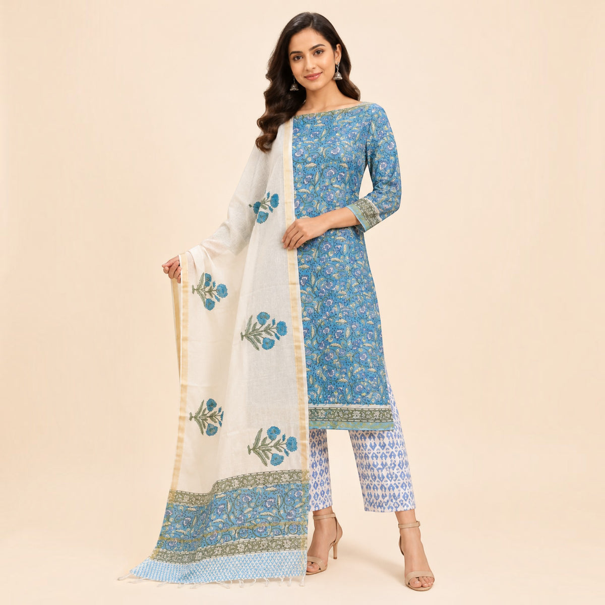 Sky Blue Floral Chanderi Silk Salwar Suit