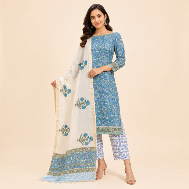 Sky Blue Floral Chanderi Silk Salwar Suit