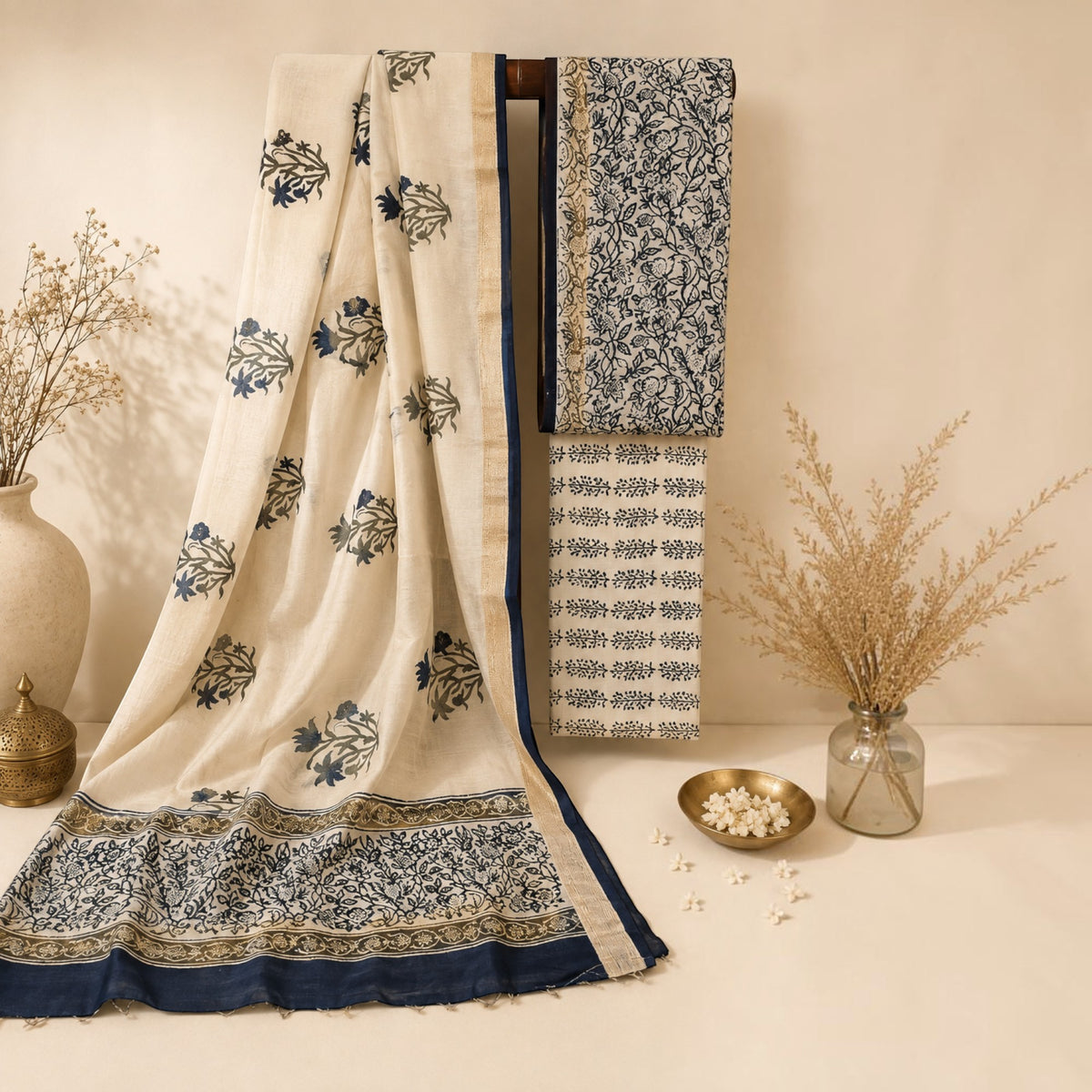 Offwhite Blue Floral Maheswari Silk Salwar Suit