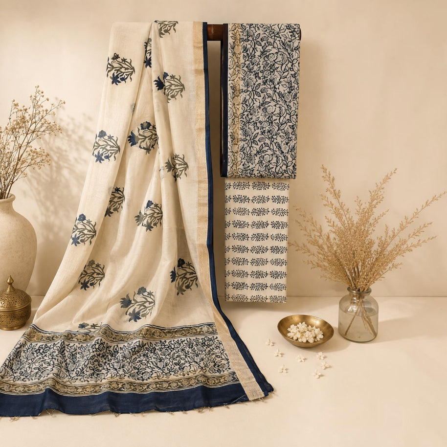 Offwhite Blue Floral Maheswari Silk Salwar Suit