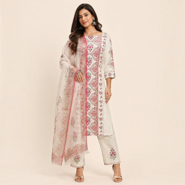 White Peach Floral Cotton Salwar Suit