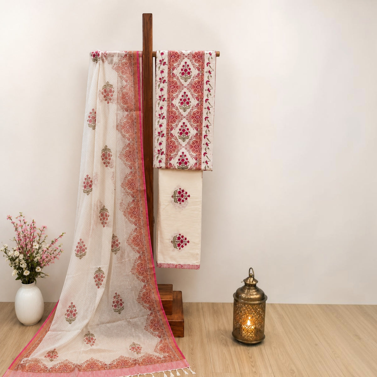 White Peach Floral Cotton Salwar Suit