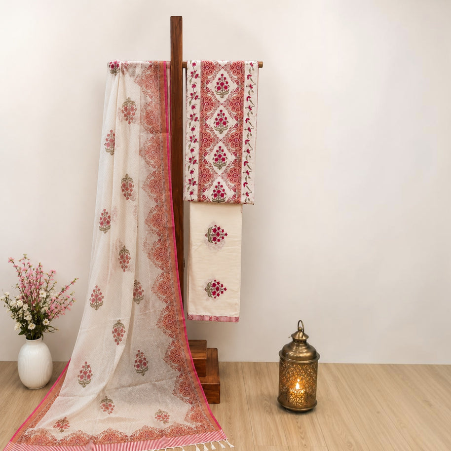 White Peach Floral Cotton Salwar Suit
