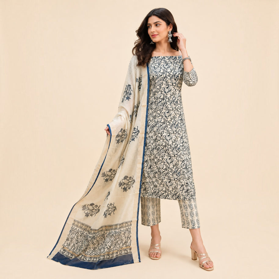 Offwhite Blue Floral Maheswari Silk Salwar Suit