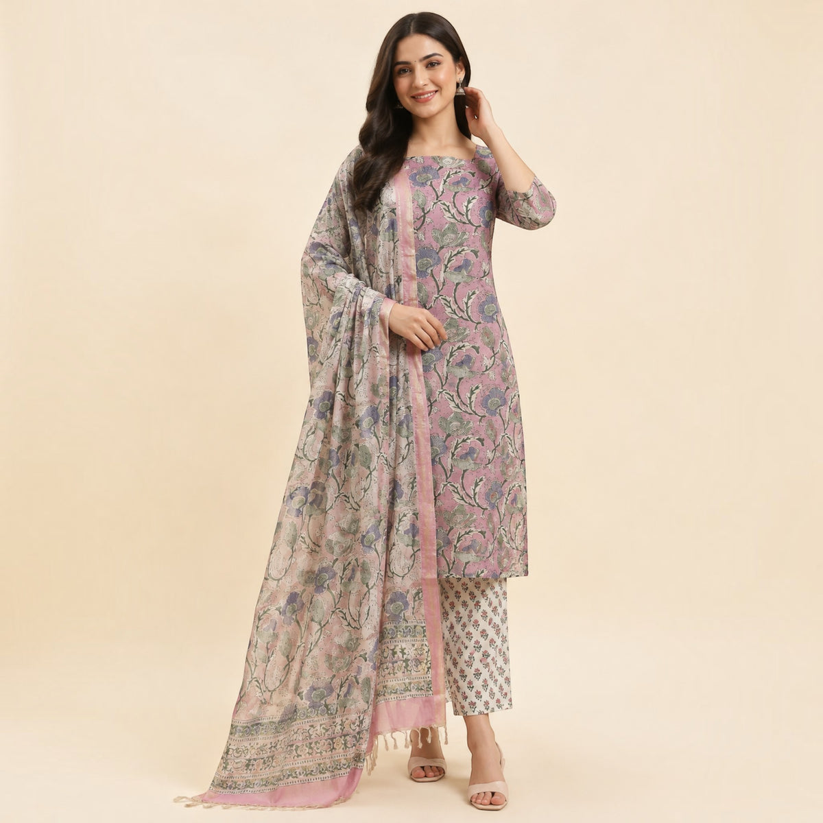Pink Floral Maheswari Silk Salwar Suit