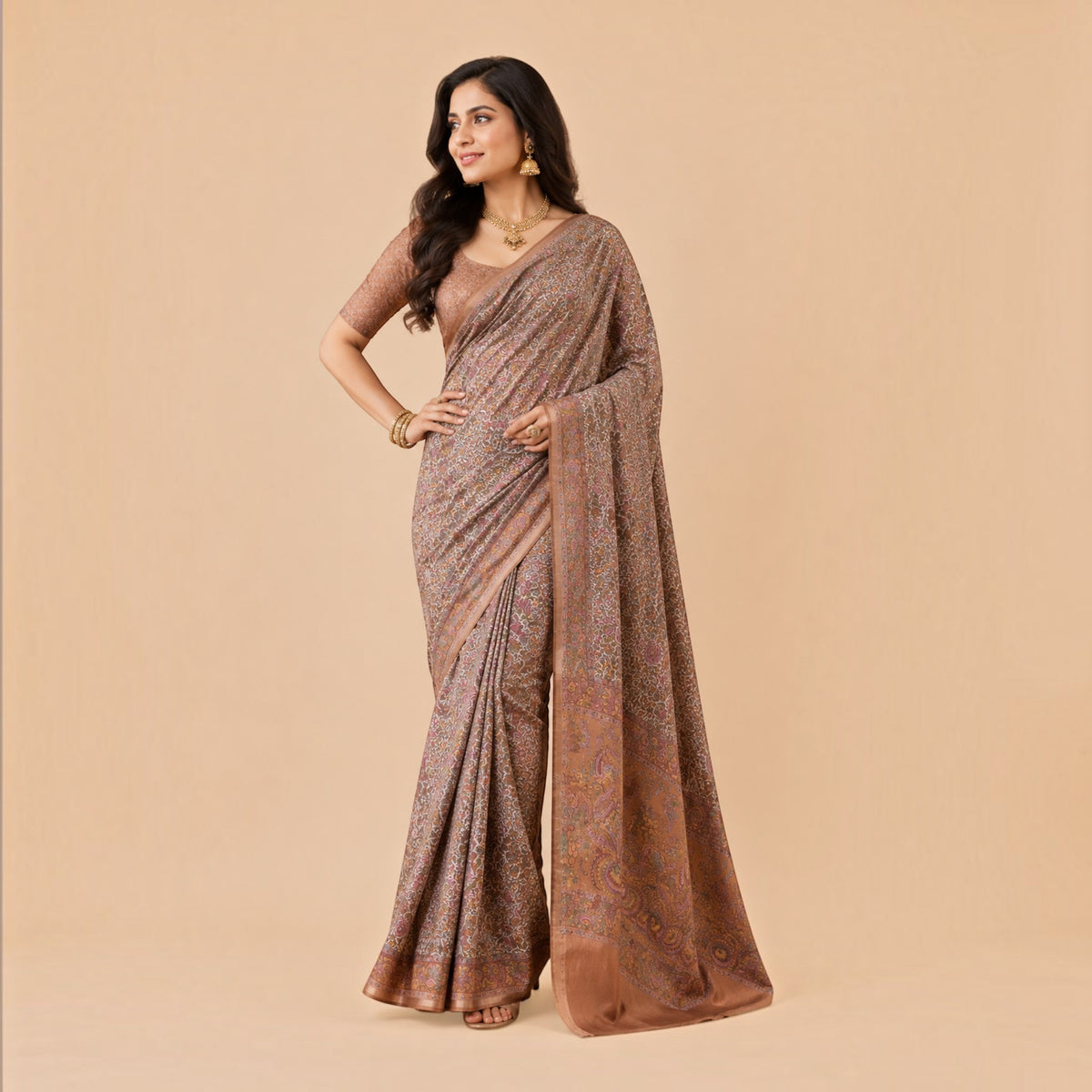 Brown Floral Silk Saree