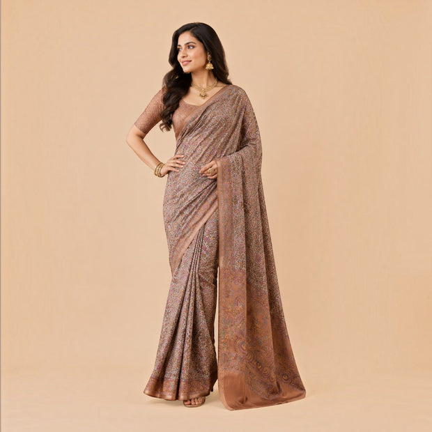 Brown Floral Silk Saree