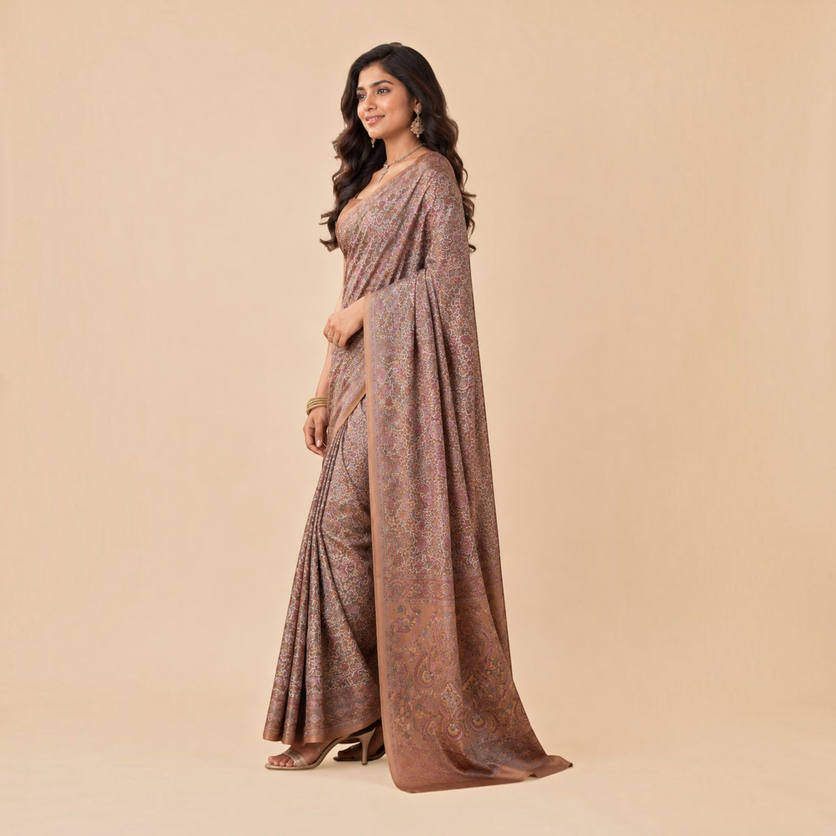 Brown Floral Silk Saree