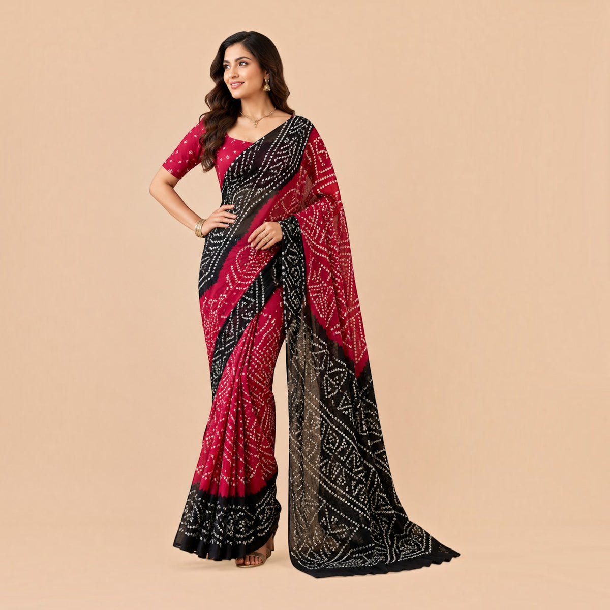 Maroon Black Bandhej Cotton Saree