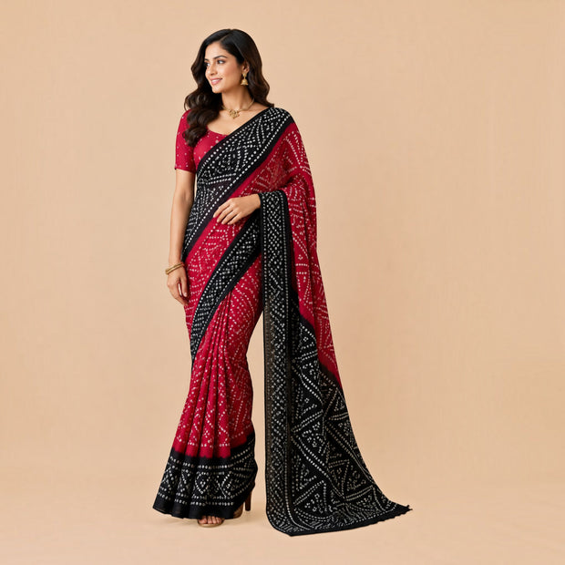 Maroon Black Bandhej Cotton Saree