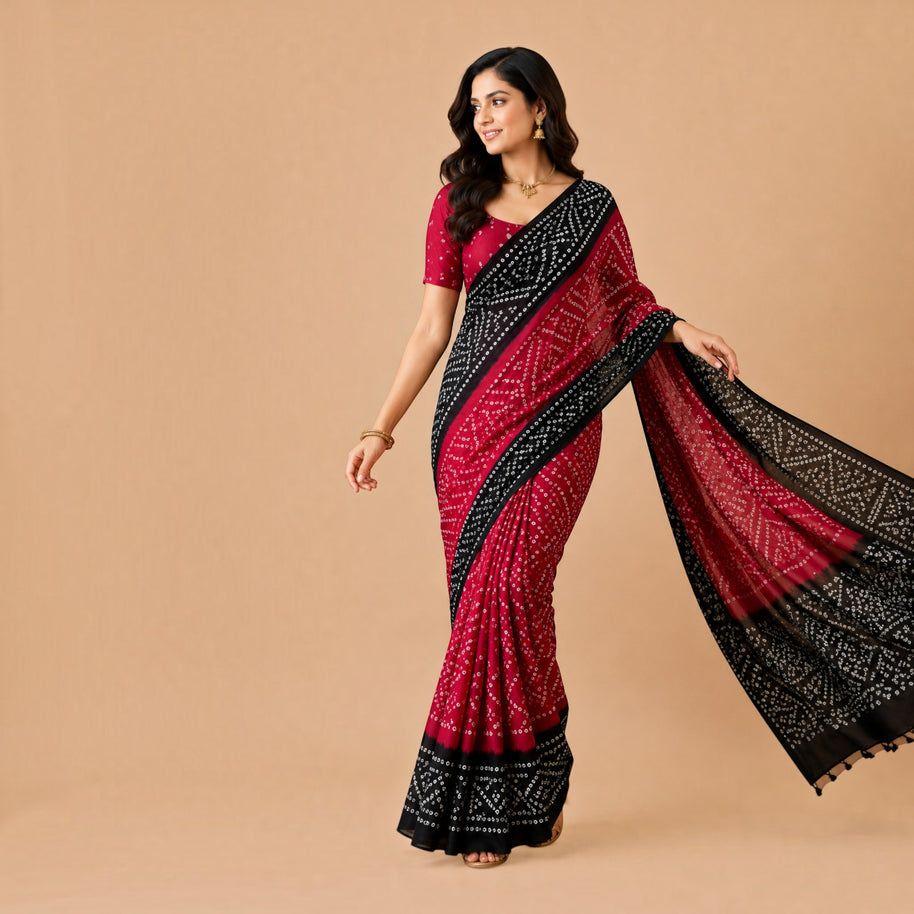 Maroon Black Bandhej Cotton Saree