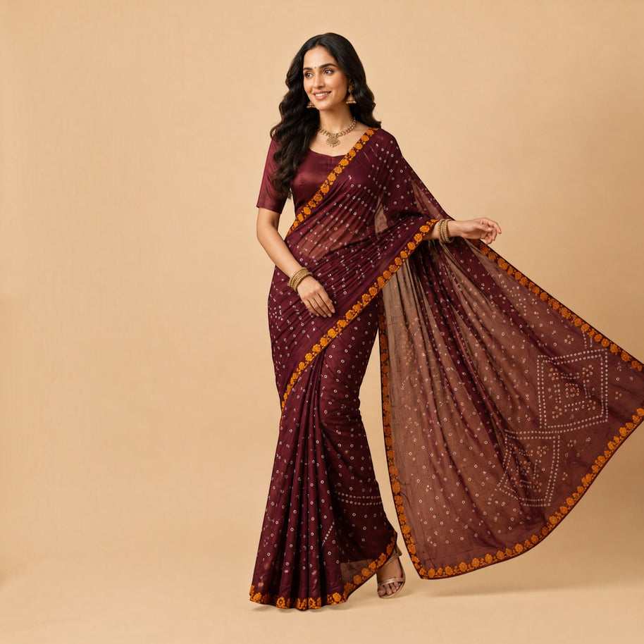 Maroon Bandhej Cotton Saree