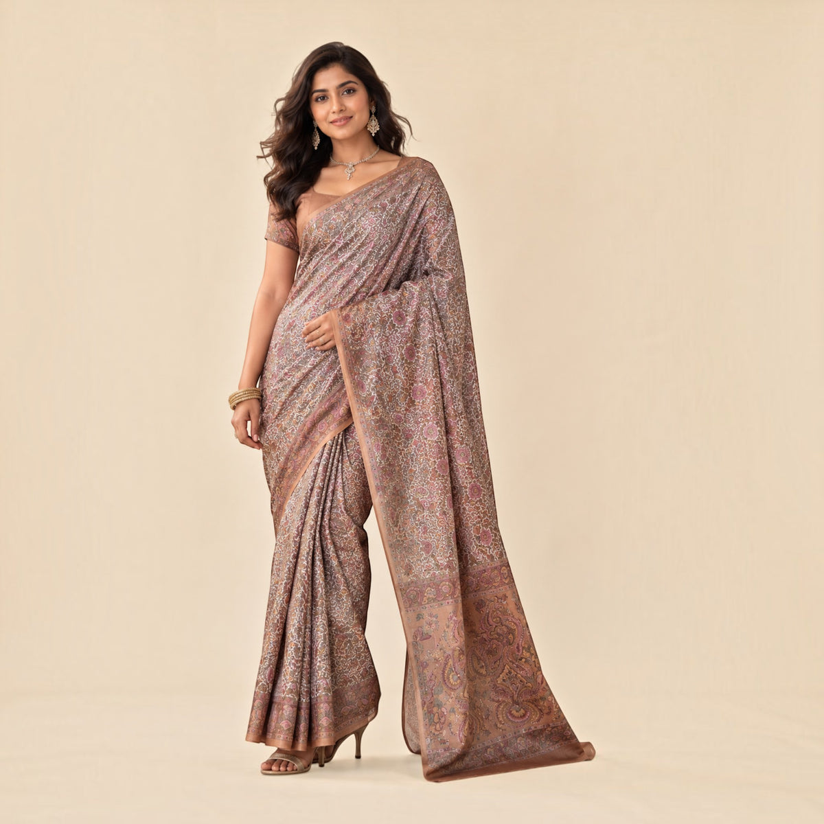 Brown Floral Silk Saree
