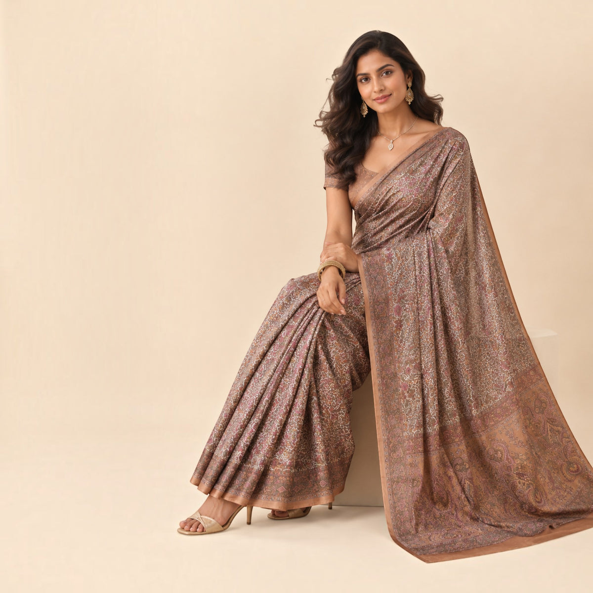 Brown Floral Silk Saree