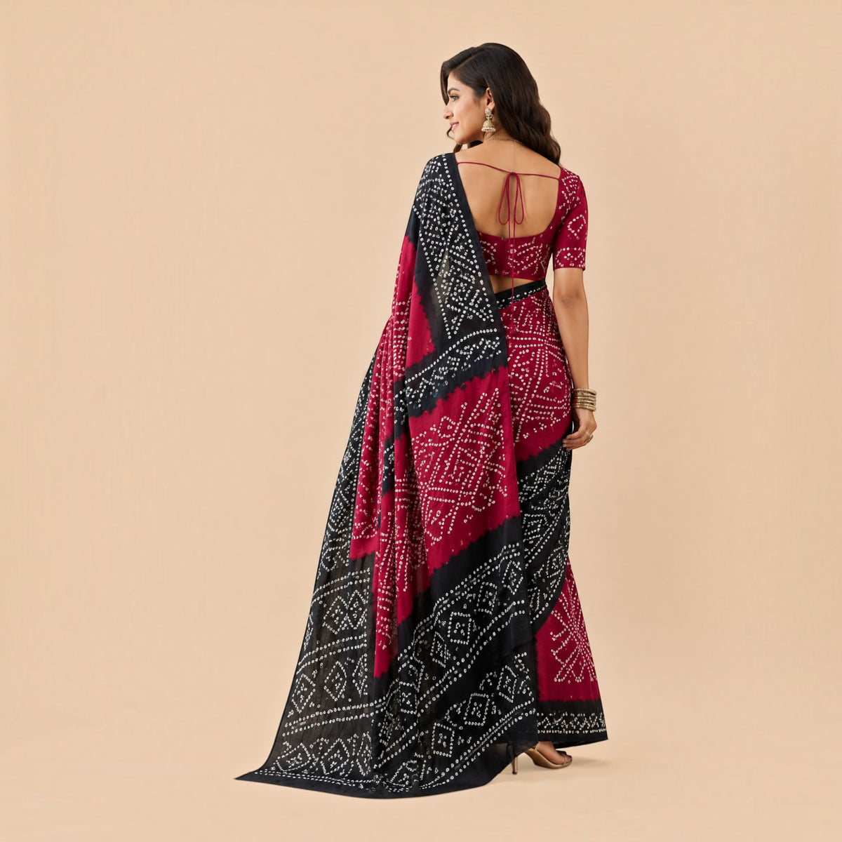 Maroon Black Bandhej Cotton Saree
