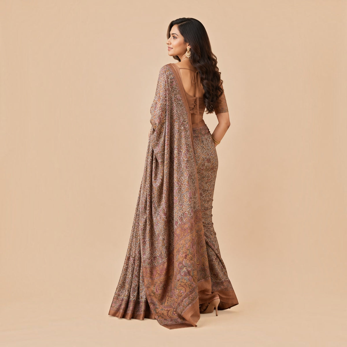 Brown Floral Silk Saree