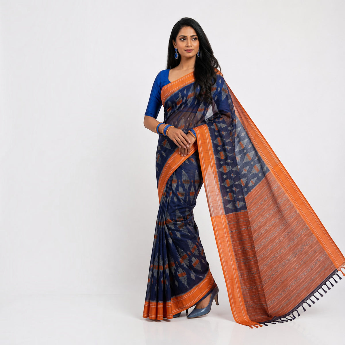 Blue Orange Cotton Saree