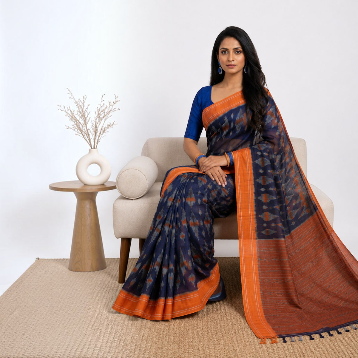 Blue Orange Cotton Saree