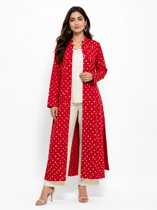 Red Modal Silk Bandhej Long Blazer
