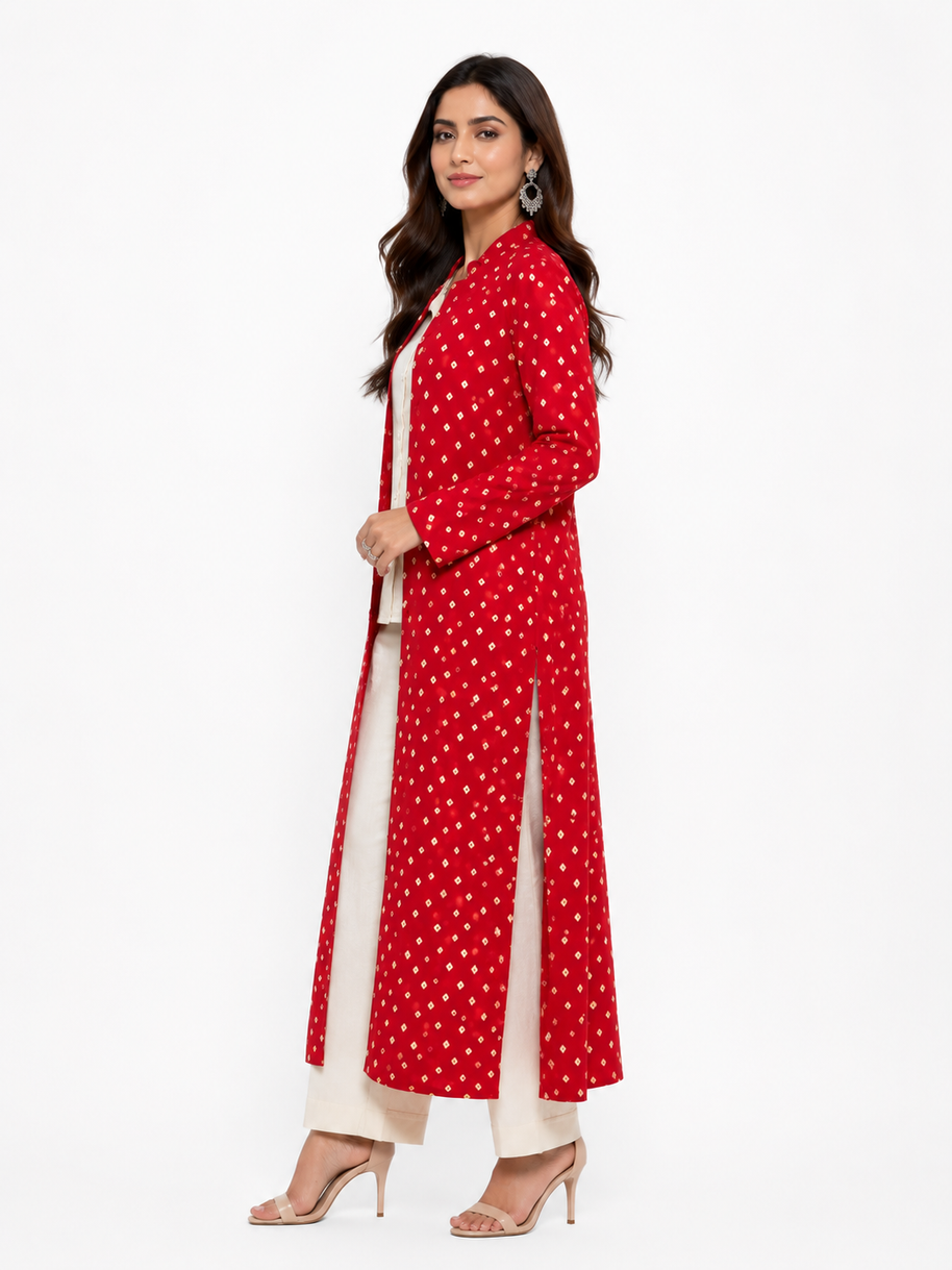 Red Modal Silk Bandhej Long Blazer