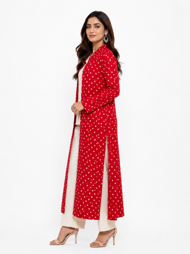 Red Modal Silk Bandhej Long Blazer