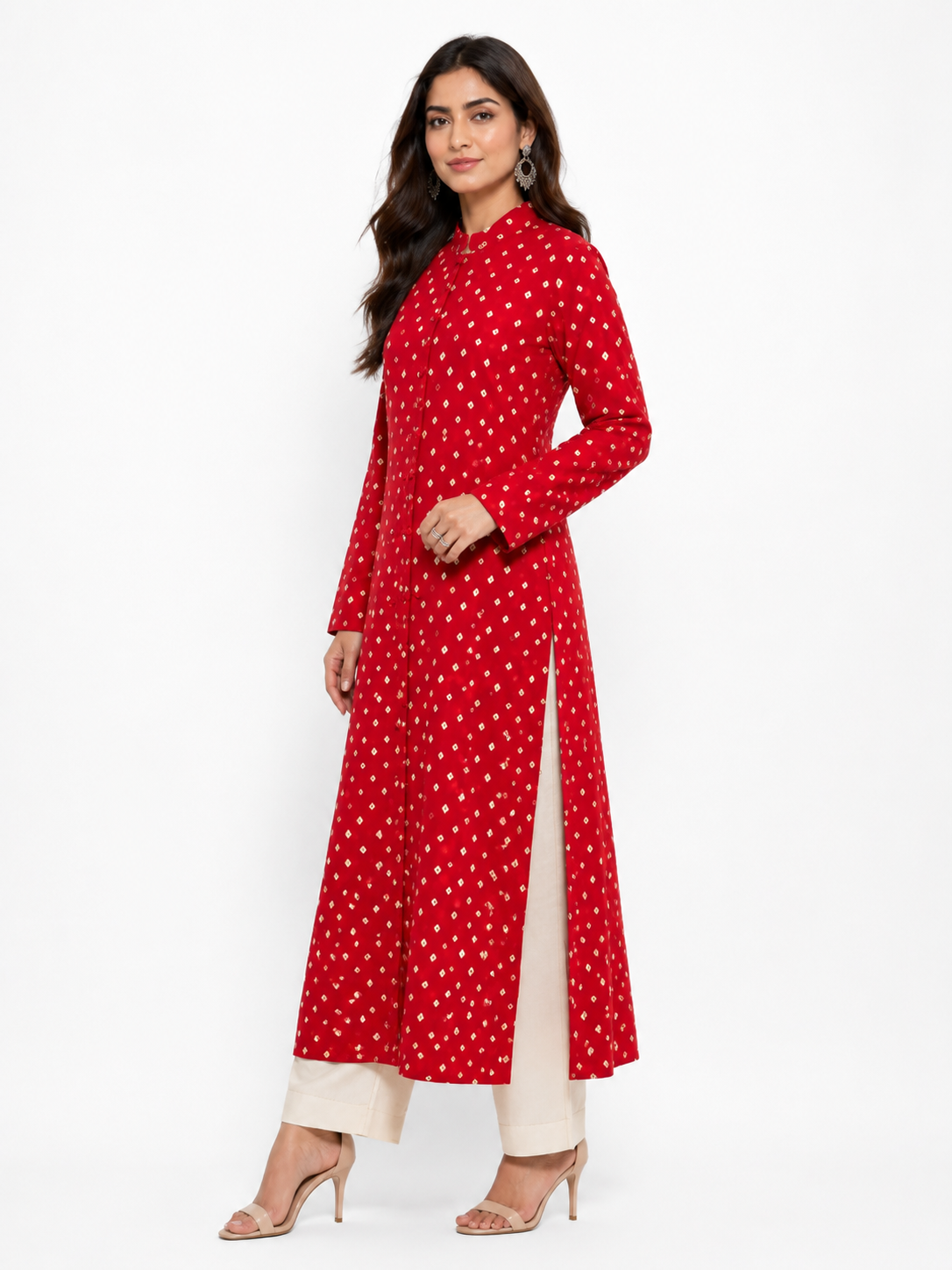Red Modal Silk Bandhej Long Blazer