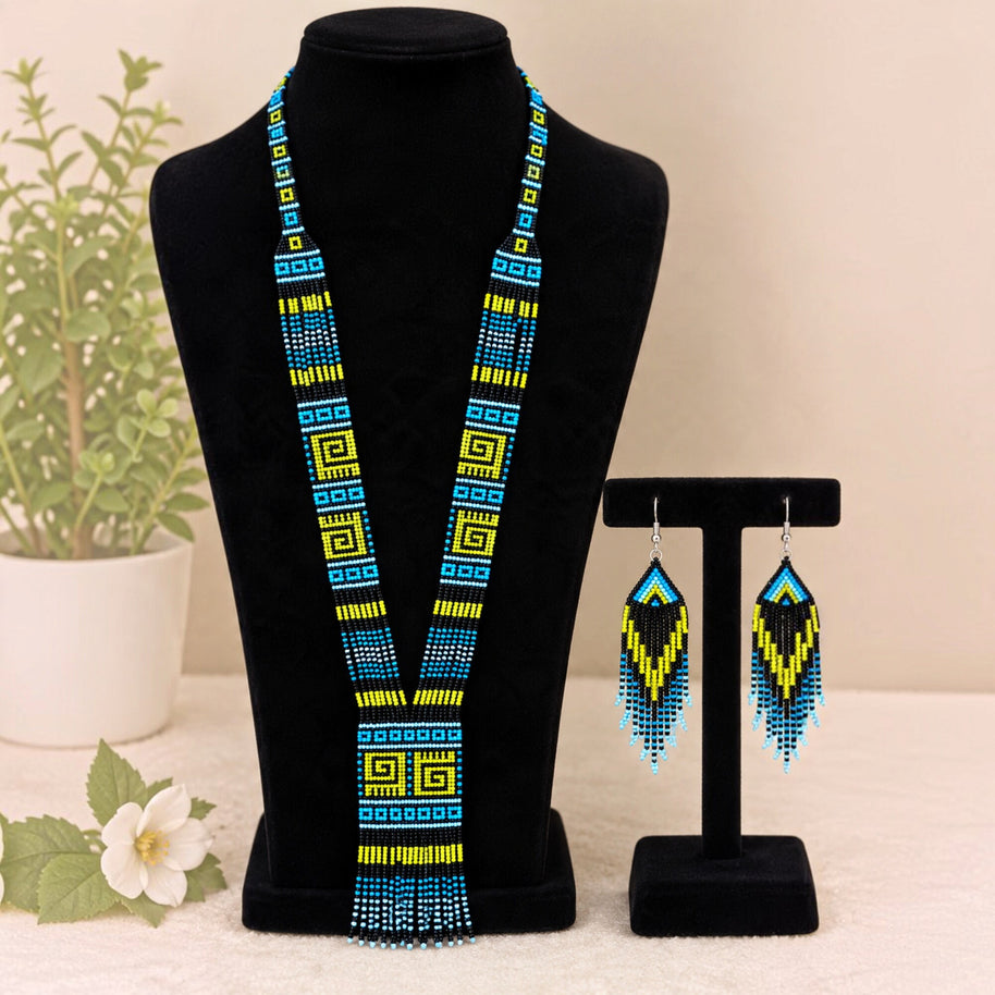 Blue & Yellow Geometric Beaded Necklace Set