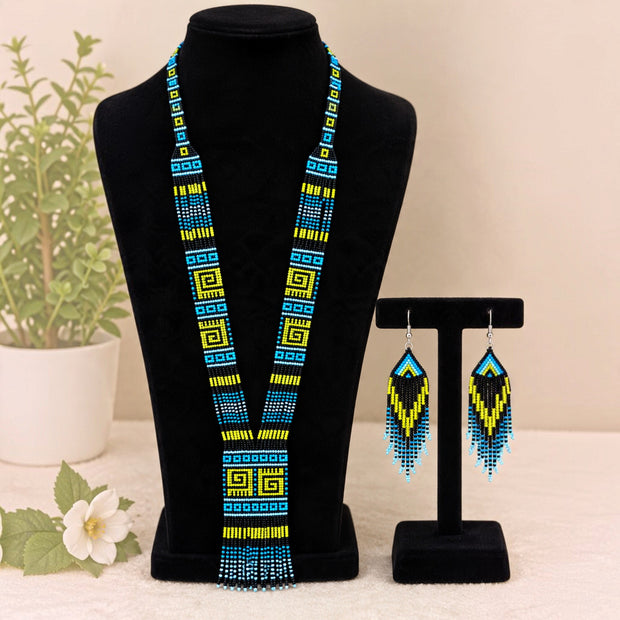 Blue & Yellow Geometric Beaded Necklace Set