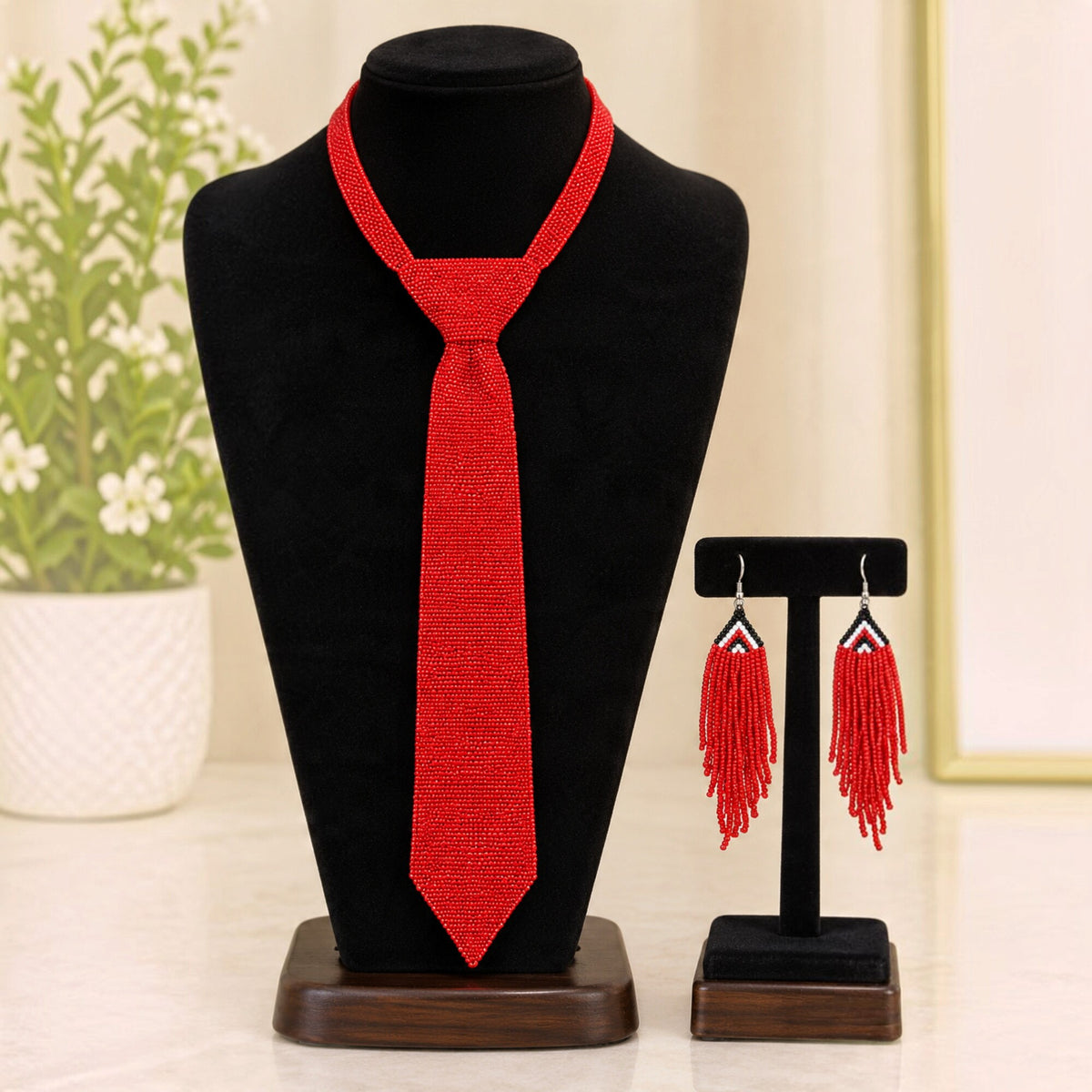 Red Beaded Tie Necklace Set