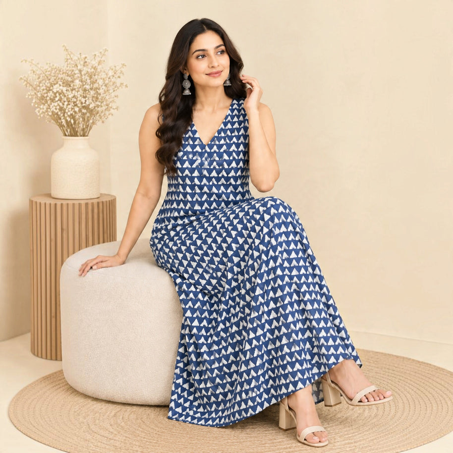 Indigo Triangle Print A-Line Long Dress