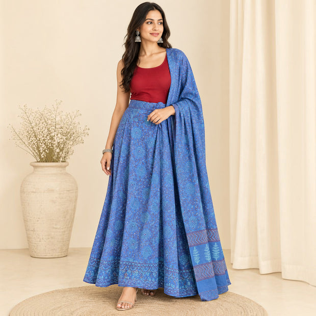 Blue Handblock Cotton Wrap Around Skirt