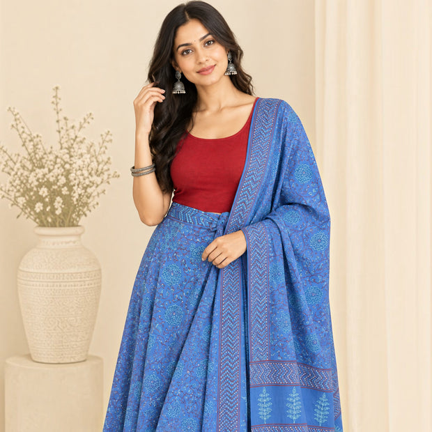 Blue Handblock Cotton Wrap Around Skirt